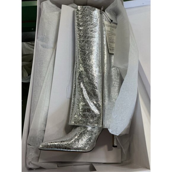 NIB The Drop Womens 9 Jolene Fold Over Tall Boot Silver Crackle Disco Party - Picture 3 of 9